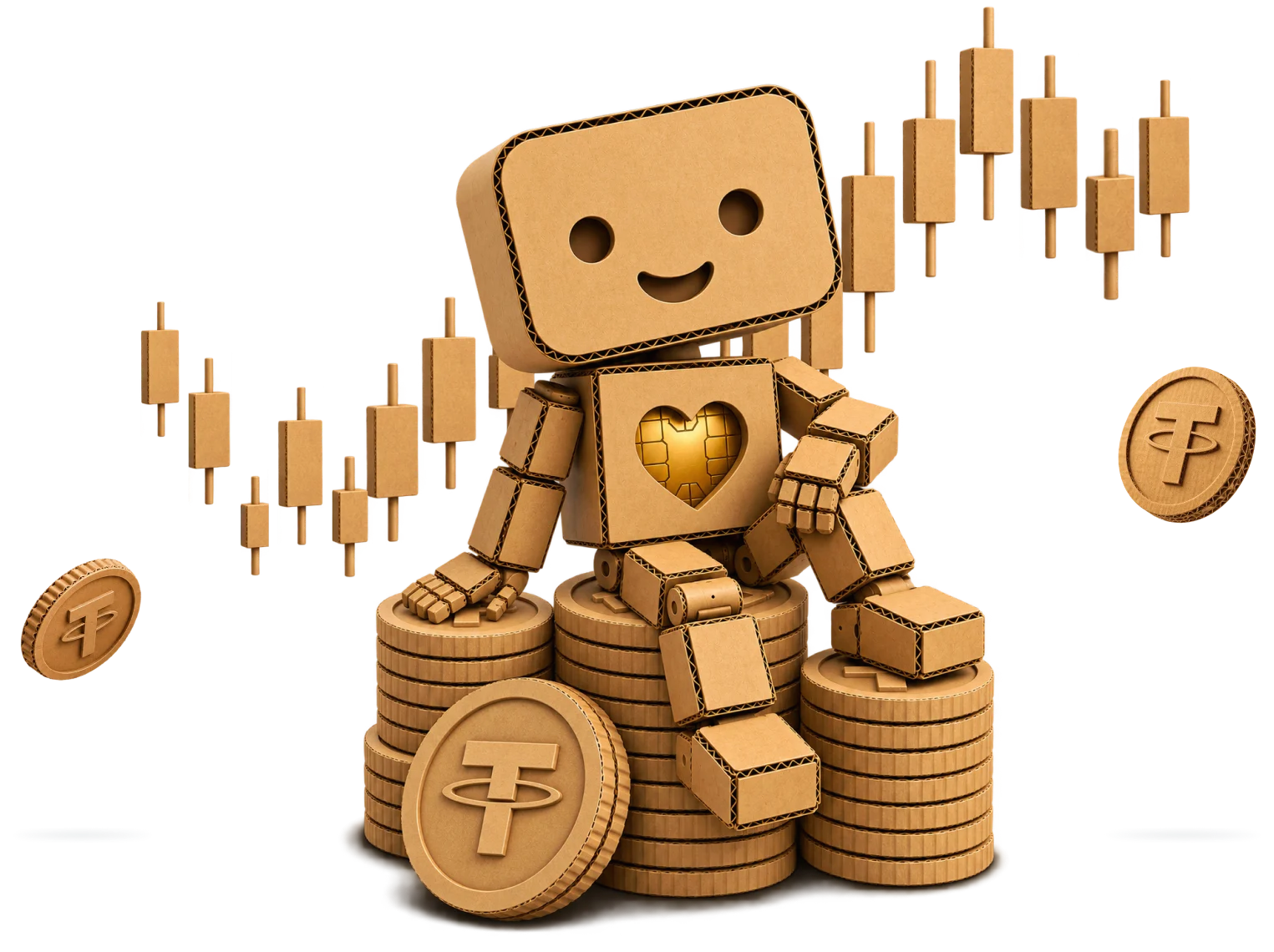 Картонный робот сидит на стопках монет USDT