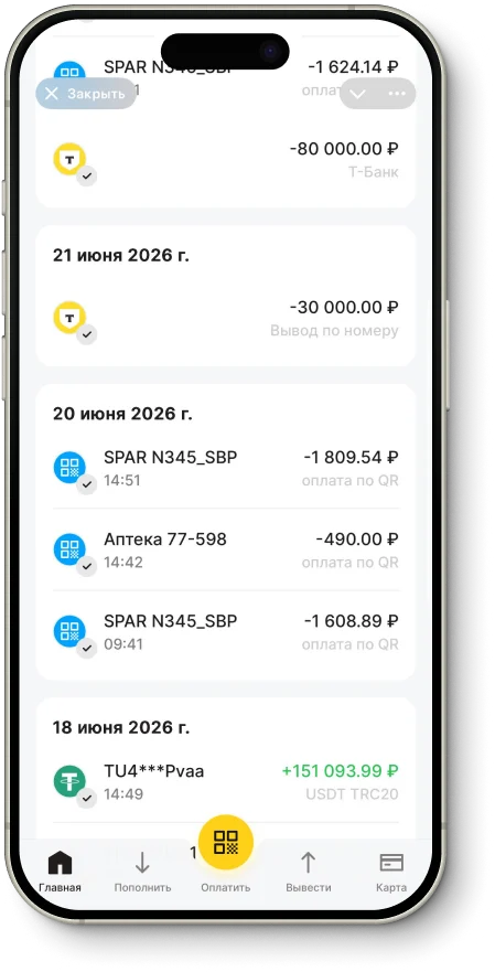 Экран операций по карте